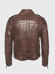 Chaqueta de Motociclista para Hombre, de Cuero Genuino con Grabado de Cocodrilo Marrón, Cuello Camisero, Cierre de Cremallera, Cinturón, Corte Ajustado, para Invierno - Product Image 2