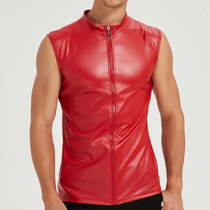 Camisetas sin mangas de cuero para hombre, chaleco sexy de cuero PU elástico, camisetas de moda para fiesta y baile, calidad superior - Product Image 5