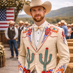 Completo da uomo in stile western color crema con ricami floreali e cactus – Set giacca e pantaloni da cowboy per matrimonio - Product Image 1