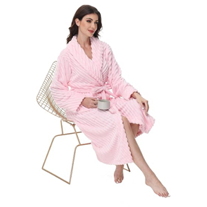 Bata de Baño de Felpa Personalizada para Mujer, Ropa de Dormir a Rayas, Suave y Cálida, de Felpa Coral, con Bolsillos y Cinturón - Product Image 3