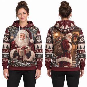 Women's Christmas Santa Print Hooded Fleece Windproof Sweatshirt Full Sleeve Knitted Winter Pullover with Pockets - Product Image 1