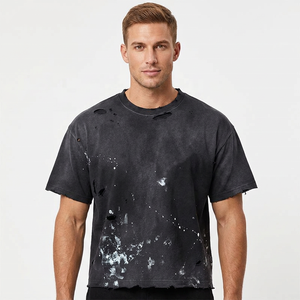 T-shirt noir surdimensionné pour homme, motif peint à la main, style streetwear, col rond, manches courtes, en coton tricoté - Product Image 3