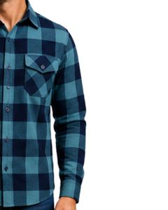 Teal Navy Plaid Men Flannel Shirt Long Sleeve Button <b>Down</b> Checkered Cotton Casual Shirt With Chest Pockets Streetwear Overshirt - Product Image 4