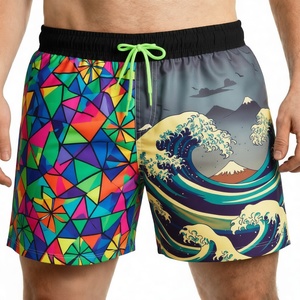 Shorts de Baño Reversibles para Hombre, Estampado Geométrico de Olas, Cintura Media con Cordón, Traje de Baño Casual, Tejido de Punto de Spandex y Poliéster - Product Image 1