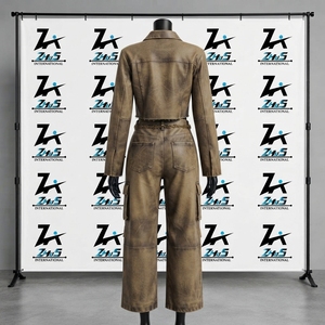 Chaqueta Corta Casual de Talla Grande con Manga Larga, Transpirable, con Estampado Acid Wash, Elegante, con Cuello Alto y Cierre con Cordón, para Invierno - Product Image 2