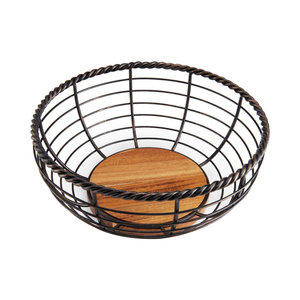 Cesta de Almacenamiento de Frutas de Alambre de Hierro Rústico con Base de Madera Maciza – Cesta de Almacenamiento de Productos con Borde de Alambre Trenzado para Mesa - Product Image 1