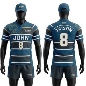Uniforme de Rugby para Hombre, 220 GSM, Poliéster y Spandex, Tela Transpirable, Verde Menta, Paneles con Rayas Azul Marino, Sublimación, Logotipo Personalizado - Product Image 4