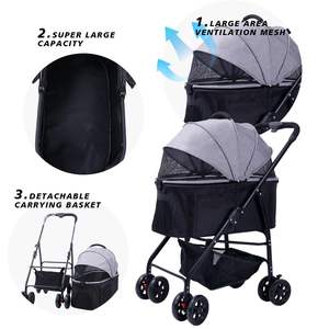 Cochecito para mascotas de cuatro ruedas con marco plegable de acero inoxidable, paneles transpirables y cesta grande debajo del asiento, 2 unidades - Product Image 5