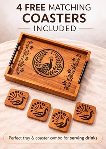 ถาดไม้ตกแต่งทรงสี่เหลี่ยมผืนผ้า ถาดเสิร์ฟลายเพ้นท์มือ สำหรับชา กาแฟ ขนม พร้อมหูจับโลหะ - Product Image 1