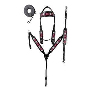 Conjunto de cabezada y pechopetral de cuero estilo western para caballo con cuerda de guía, costuras de diamante rosa y cierre de hebilla ajustable - Product Image 1