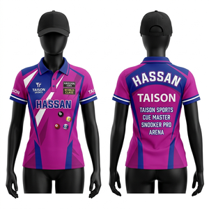เสื้อสนุกเกอร์ผู้หญิง ผ้าโพลีเอสเตอร์พรีเมียม ระบายอากาศได้ดี สีม่วงทอง ตัดต่อผ้าพิมพ์ลายแบบซับลิเมชั่น โลโก้สั่งทำได้ ทรงสวมใส่สบาย - Product Image 6