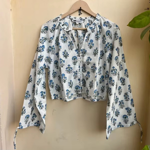 Blusa informal de algodón con estampado de bloque de mano para mujer, blusa de verano con bordado Floral y decoración de botones, prendas de vestir de longitud corta - Product Image 1