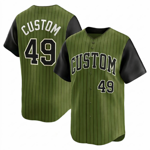 Camiseta de béisbol personalizada del fabricante, color verde oliva y negro, con botones, manga corta, cuello en V, con rayas finas, transpirable, de poliéster, para deportes. - Product Image 1