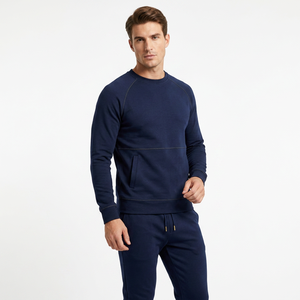Conjunto Deportivo Azul Marino para Hombre, Cuello Redondo, con Bolsillos Laterales y Pantalones con Cordón, Ropa Casual de Otoño, Diseño Sólido de Longitud Completa - Product Image 2