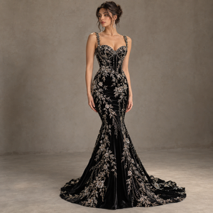 Robe de soirée sirène en velours noir, ornée de fleurs et de perles, sans bretelles, longueur ras du sol, pour banquet et mariage - Product Image 1