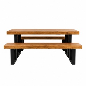 Ensemble de salle à manger rectangulaire en bois de Suar massif avec pieds en fer noir, table en bois naturel durable et 2 bancs pour café et hôtel - Product Image 2
