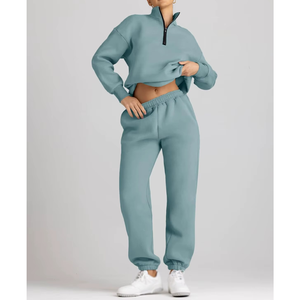 Women Purple Cotton Tracksuit Set Full Length Sweatpants Half-Zip Hoodie Casual Loose Fit Autumn Solid Color Breathable - Product Image 4