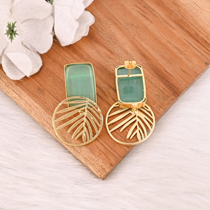 Handmade Gold Plated Green Cat's Eye Gemstone Brass Earrings Trendy Fashion Statement Jewelry for Women - Product Image 5