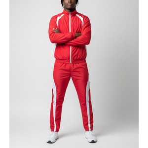 <b>Men's</b> <b>Red</b> Sporty Track <b>Suit</b> Set White Stripes Full Zip Jacket And Pants Breathable Polyester Knitted Spring Wear Windbreaker - Product Image 4