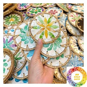 Natural Rattan <b>Drink</b> <b>Coaster</b> with Mother of Pearl Flower Leaf Inlay 10cm Handmade Decorative Table Accessory - Product Image 1