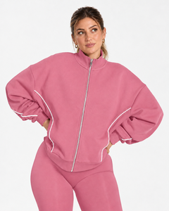OEM <b>Women's</b> Contrastline Full Zip Tracksuit Two Piece Casual Outfit Relaxed <b>Jacket</b> And Wide Leg Pants Matching Apparel Set - Product Image 3