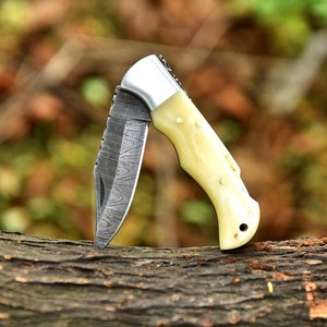 UA Supplies OEM Industrial Grade Damascus Steel Foldable Pocket <b>Knife</b> <b>Bone</b> <b>Handle</b> Clip Point Blade 0.5mm Thick Thumb Knob - Product Image 2