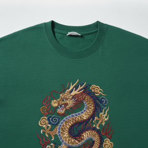 Camiseta de Hombre con Bordado de Dragón Chino Sostenible, Verde, Manga Corta, Cuello Redondo, Corte Regular, Algodón Jersey - Product Image 6