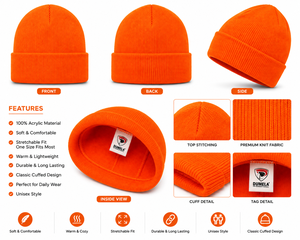 Bonnet unisexe en tricot orange 100 % acrylique, couleur unie, style décontracté, chaud pour l'hiver, pour adultes, taille 56-58 cm, style urbain, broderie - Product Image 5