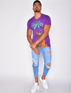 Chemise décontractée à manches courtes pour homme, imprimé palmiers violets, impression numérique, tricot respirant, style été - Product Image 1