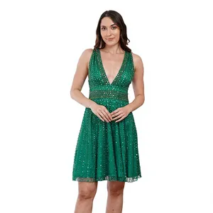 Vestido de cóctel con lentejuelas verde esmeralda, corte en A, cuello en V profundo, sin mangas, por encima de la rodilla - Product Image 1