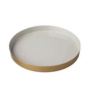 Plateau rond en émail blanc doré Utilisation Accueil Hôtel Bar Fête de mariage Occasion Haute qualité d'exportation Quantité en vrac Vintage Fabriqué en Inde - Product Image 1