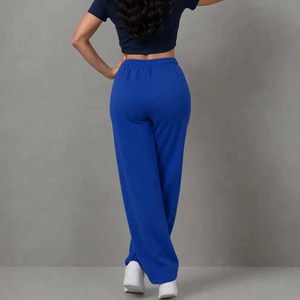 Pantalones Deportivos de Punto para Mujer, Color Azul, Pierna Ancha, Cintura Alta con Cordón, Corte Holgado Informal, Largos, Color Sólido - Product Image 5