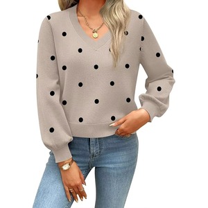 Pull en tricot beige à pois pour femme, col en V, épaules tombantes, manches longues, style décontracté automne, 100% coton respirant - Product Image 6
