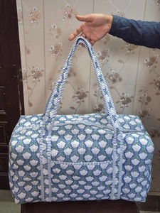 Handmade Floral Print Duffel <b>Bag</b> Blue Pink Cotton Quilted Weekender Travel <b>Bag</b> Large Capacity Zipper Closure - Product Image 1
