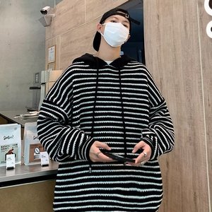 เสื้อสเวตเชิ้ตผู้ชายแบบมีฮู้ดทรงโอเวอร์ไซส์ ลายทางสีดำขาว มีซิป สวมใส่สบายๆ สำหรับฤดูใบไม้ร่วง ระบายอากาศได้ดี ทรงปกติ - Product Image 2