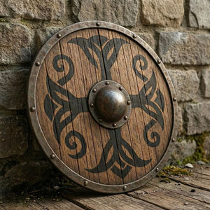 Bouclier rond en bois durable de style viking, artisanat fait main d'inspiration nordique pour accessoires de costume et présentation de collection - Product Image 3