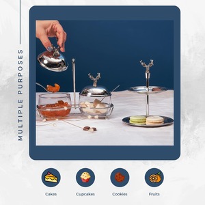 Support de service en métal à deux niveaux au design luxueux avec poignée décorative en forme de tête de cerf et finition argentée polie miroir, parfait pour les desserts - Product Image 4