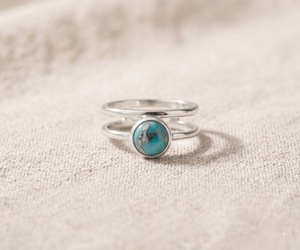 925 Silver Turquoise Gemstone <b>Ring</b> Bezel <b>Set</b> <b>Gold</b> Plated Vintage Boho Double Band Jewelry for Women - Product Image 1