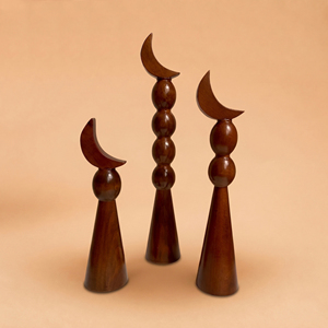 Premium Brown Gloss Wooden Moon Finial Set. Elegant <b>Stacked</b> Bead Design Pillars For Classic Home Luxury & Eid Tabletop Decor - Product Image 1