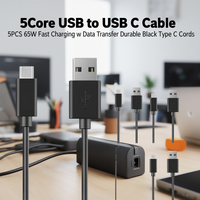 Cable USB a USB C de 5 Núcleos, 5 Unidades, Carga Rápida de 65W con Transferencia de Datos, Cables Tipo C Negros Duraderos