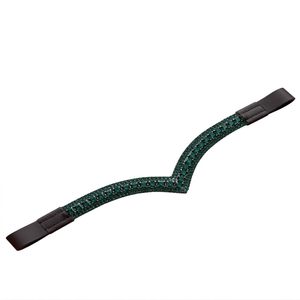 Nouveauté : Bandeau frontal pour cheval en cuir anglais noir, orné de cristaux verts, strass et chaîne de diamants en forme de V, disponible en toutes tailles cob. - Product Image 6