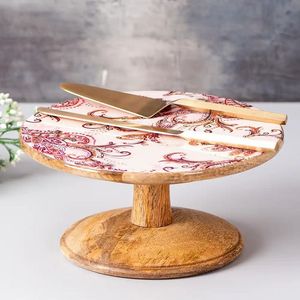 Round Wooden Cake Stand Orange Top Black Base Dessert Display <b>Tray</b> 1-Piece Serving Platter - Product Image 6