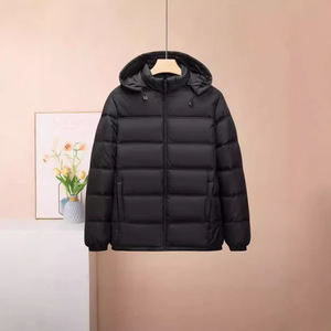 เสื้อแจ็คเก็ตพัฟเฟอร์มีฮู้ดสีดำสำหรับผู้ชาย กันลม ปิดด้วยซิป เสื้อคลุมลำลองสำหรับฤดูหนาว ผลิตจากโพลีเอสเตอร์ 100% สีพื้น - Product Image 3