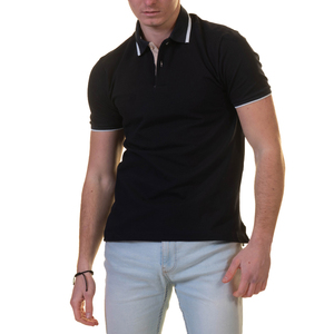 Polo en maille noire personnalisé pour homme, à fermeture éclair, manches courtes, décontracté, pour le golf, avec bordure côtelée blanche - Product Image 2