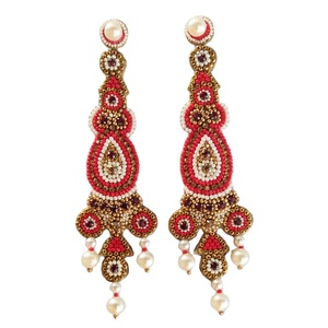 Personalización Disponible para Pendientes de Diseño Étnico con Piedras Rojas y Doradas, Pendientes Bordados a Mano para Mujer en Oferta - Product Image 1