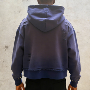 Sudadera con capucha premium OEM personalizada de felpa francesa gruesa con lavado ácido, pedrería, efecto desgastado por el sol y agujeros, con cremallera, para hombre, estilo urbano. - Product Image 2