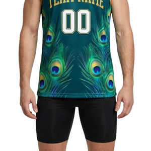 Peacock <b>Feather</b> Basketball Jersey Set for Men V Neck Sleeveless Sublimation Top & Plain Shorts with Custom Team Name and Numbers - Product Image 6