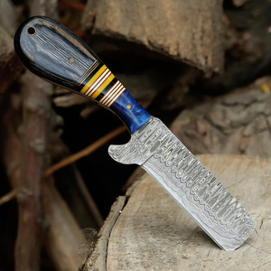 Cuchillo de hoja fija de acero de Damasco estilo vaquero occidental Bull Cutter Trail con mango de espaciador colorido y funda de cuero, fabricante de fábrica - Product Image 3