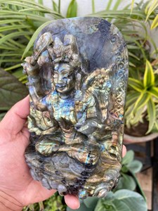 Statue de Manjushri en labradorite sculptée à la main, 6,25 pouces, Bodhisattva bouddhiste, divinité de la sagesse, cristal à reflets bleus, décoration d'autel, vente en gros - Product Image 3