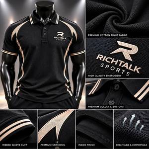 Polo à manches courtes pour homme Noir avec rayures beiges Logo brodé Séchage rapide Coupe classique Style sportif tricoté - Product Image 6